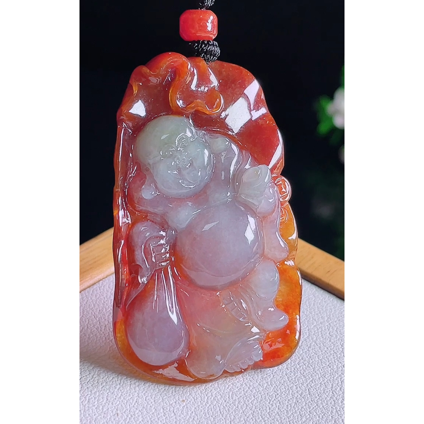缅甸天然A货玉石翡翠 老坑冰种手工精雕红翡布袋佛吊坠