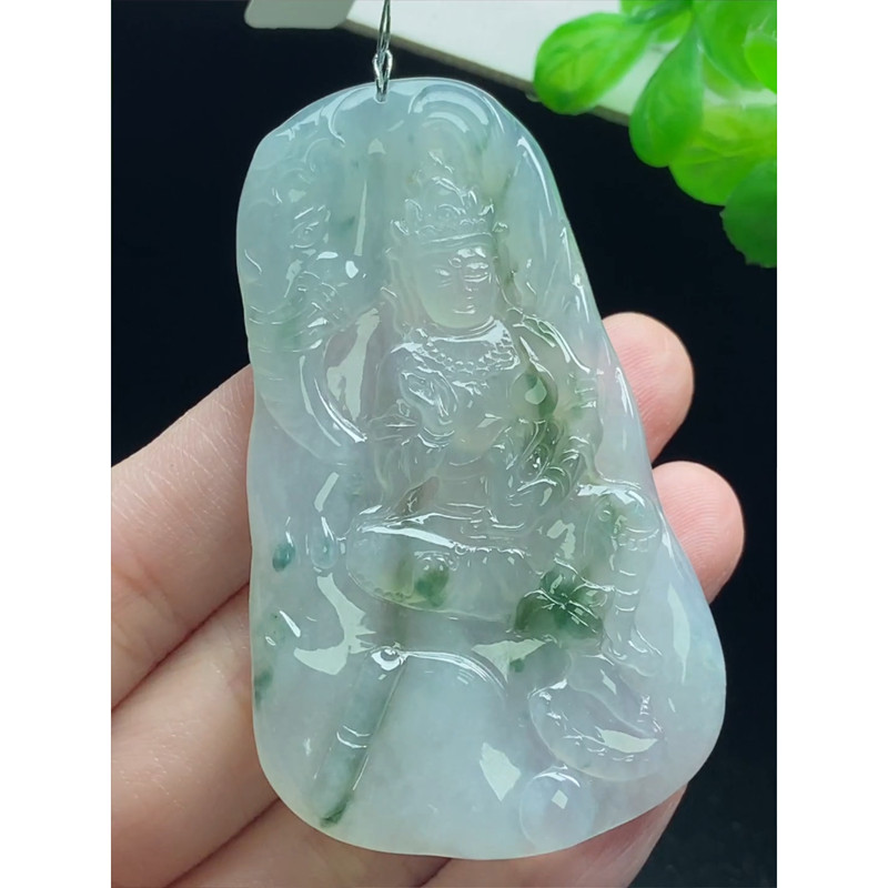 缅甸天然A货玉石翡翠 老坑冰种手工精雕 飘绿普贤菩萨吊坠