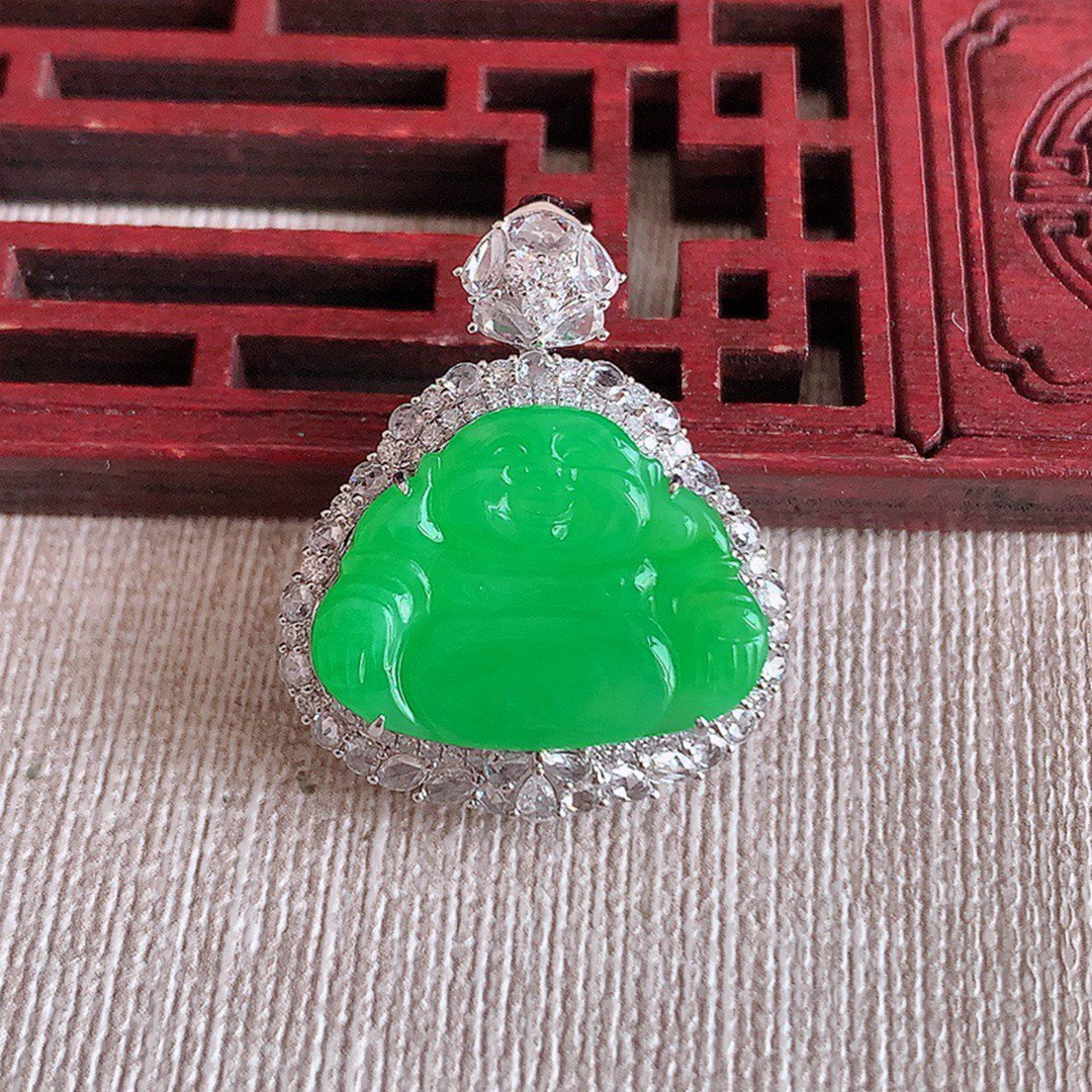 缅甸天然A货玉石翡翠 老坑冰种 手工精雕 18K金伴钻阳绿佛公吊坠