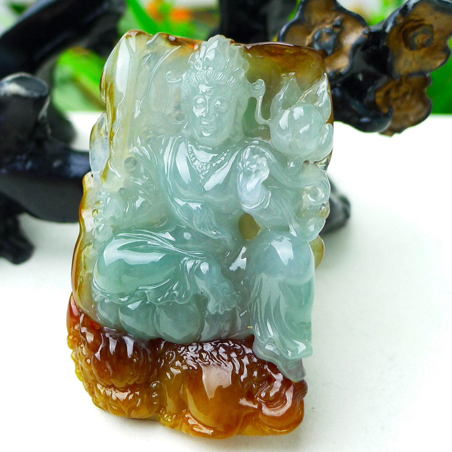 缅甸天然A货玉石翡翠 老坑冰种手工精雕飘冰红翡 文殊菩萨吊坠