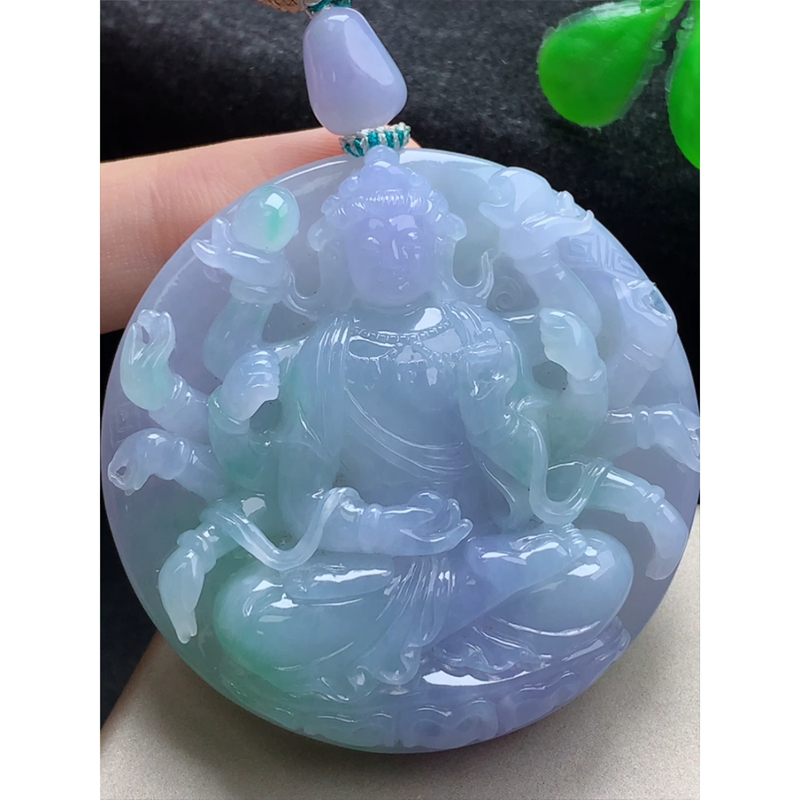 缅甸天然A货玉石翡翠 老坑冰种 手工精雕 紫罗兰千手观音菩萨吊坠