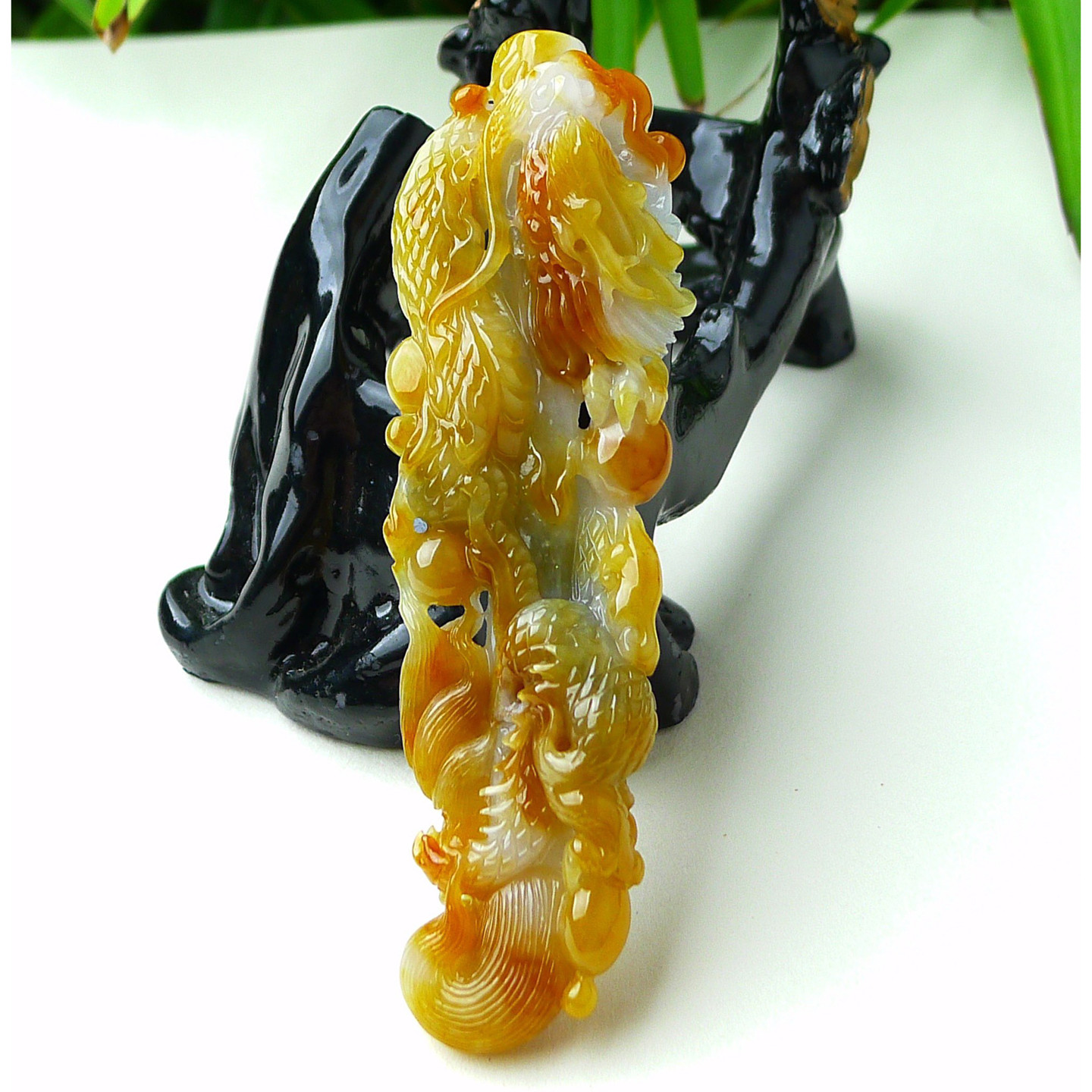 缅甸天然A货玉石翡翠 老坑冰种手工精雕黄翡龙柱吊坠