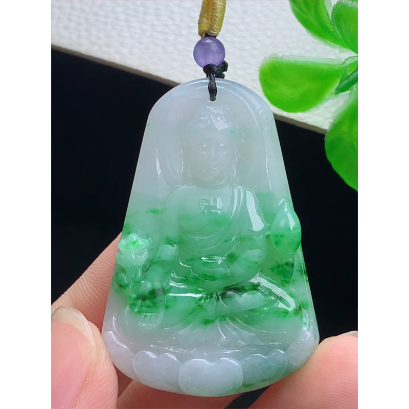 缅甸天然A货玉石翡翠 老坑冰种 手工精雕 飘绿阿弥陀佛菩萨牌吊坠