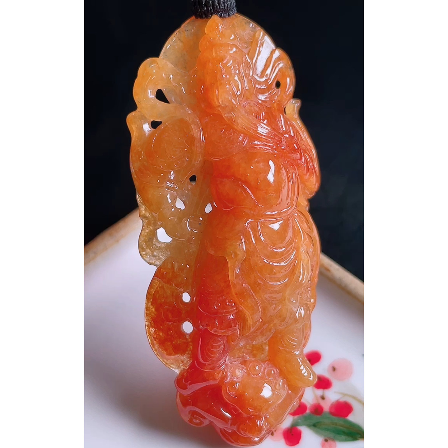 缅甸天然A货玉石翡翠 老坑冰种 手工精雕 红翡关公吊坠