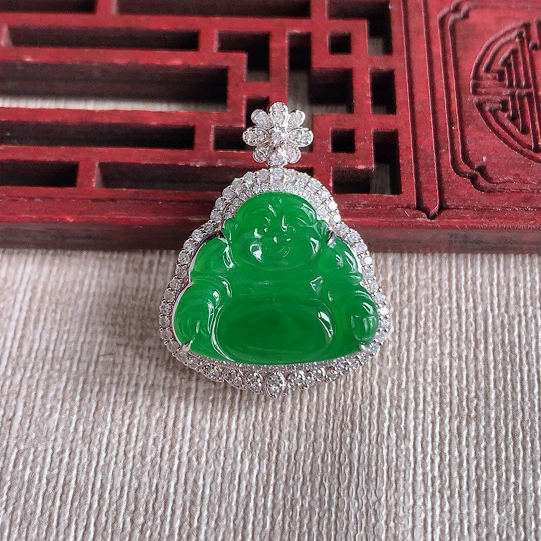 缅甸天然A货玉石翡翠 老坑冰种 手工精雕 18K金伴钻阳绿佛公吊坠