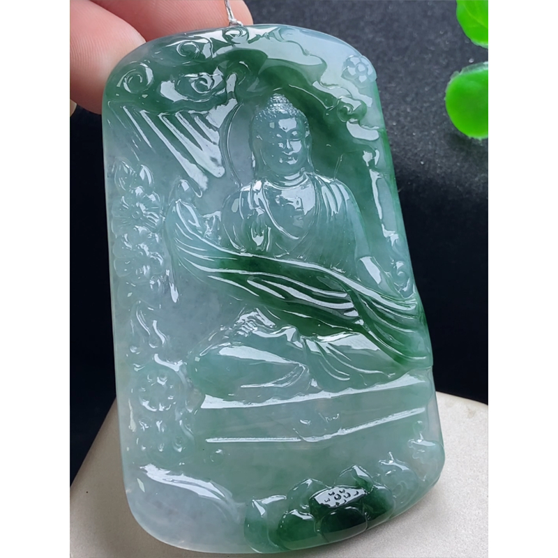 缅甸天然A货玉石翡翠 老坑冰种 手工精雕 飘花阿弥陀佛菩萨牌吊坠