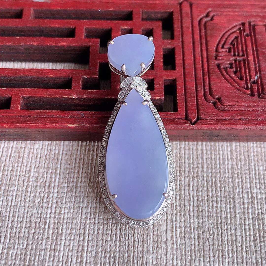 缅甸天然A货玉石翡翠 老坑冰种 手工精雕 18K金镶紫罗兰水滴吊坠