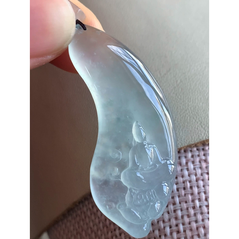 缅甸天然A货玉石翡翠 老坑冰种 手工精雕 晴水悟道吊坠