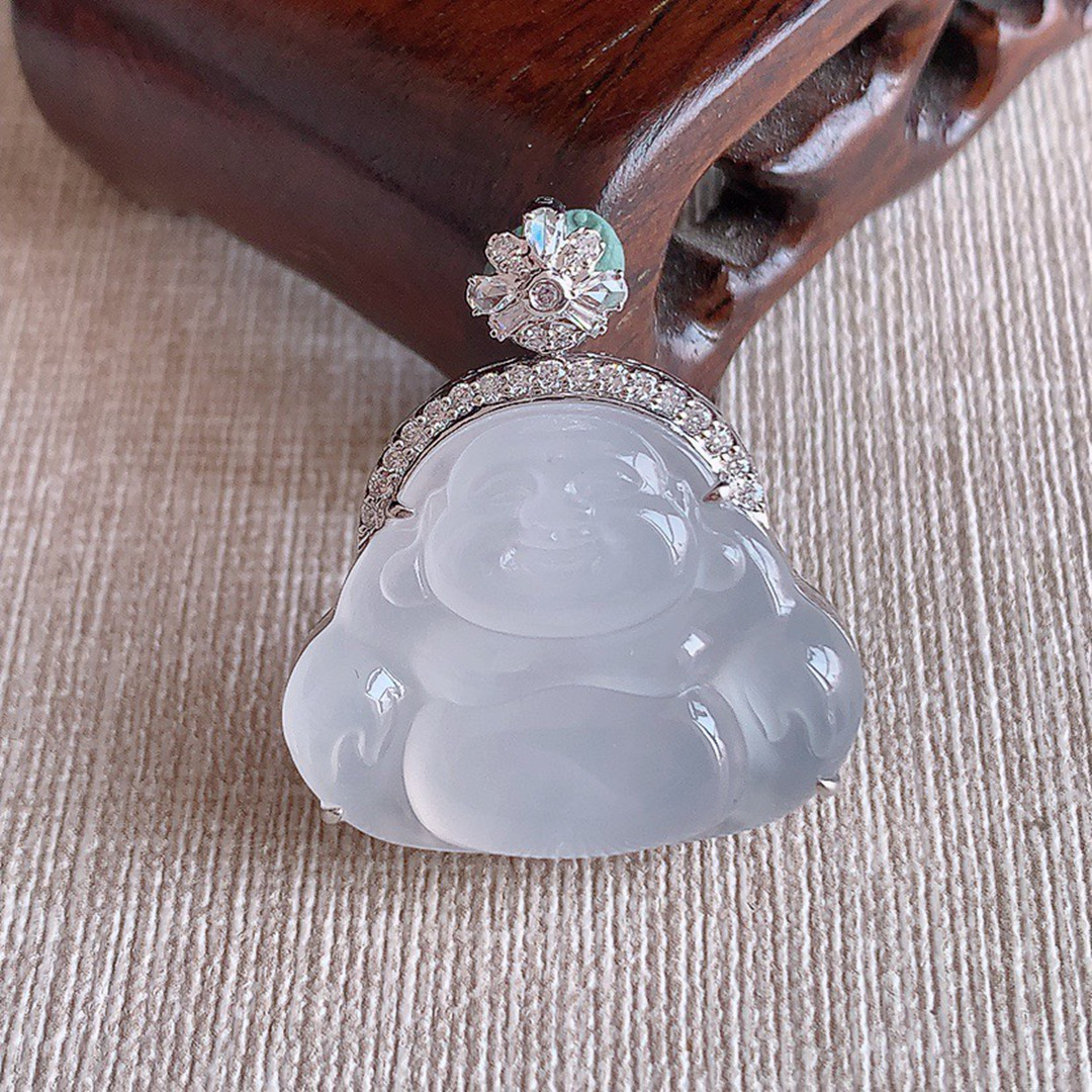 缅甸天然A货玉石翡翠 老坑冰种 手工精雕18K金伴钻白月光佛公吊坠