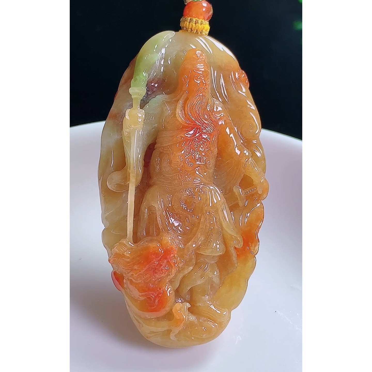 缅甸天然A货玉石翡翠 老坑冰种手工精雕红翡关公吊坠