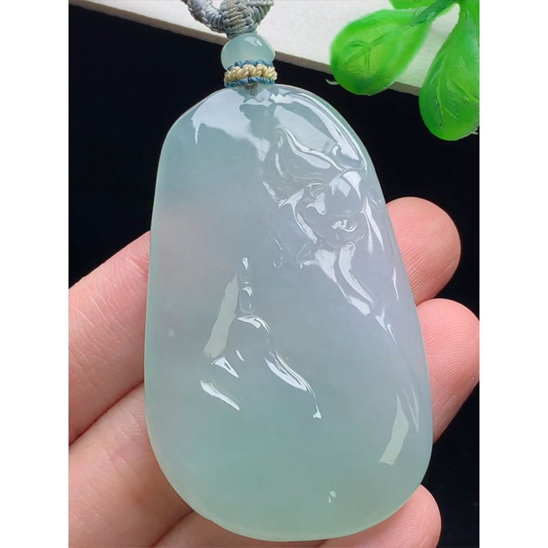 缅甸天然A货玉石翡翠 老坑冰种手工精雕晴水悟道牌吊坠