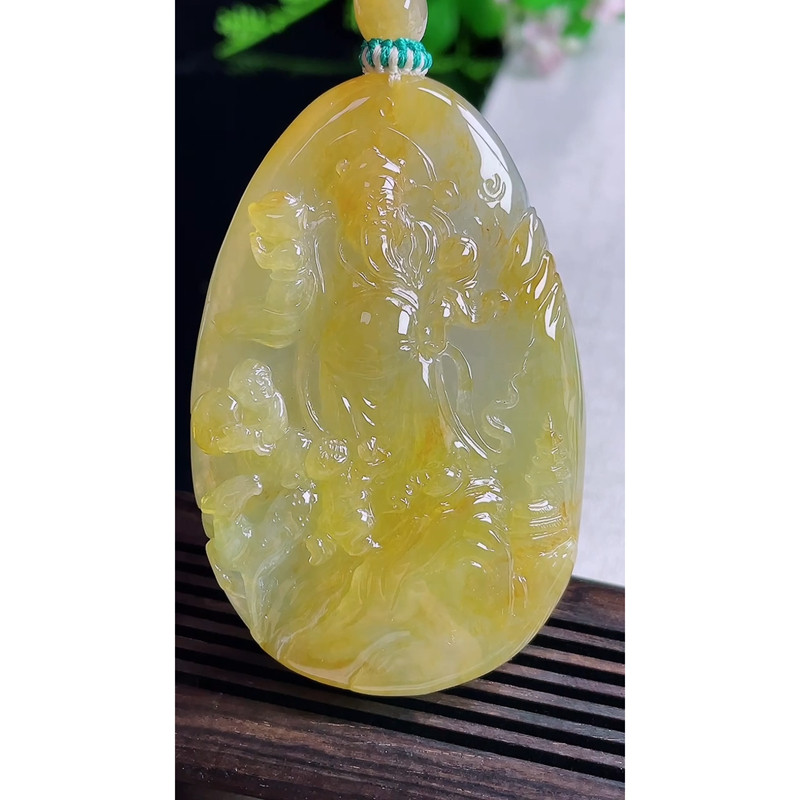 缅甸天然A货玉石翡翠 老坑冰种 手工精雕 黄翡财神爷吊坠