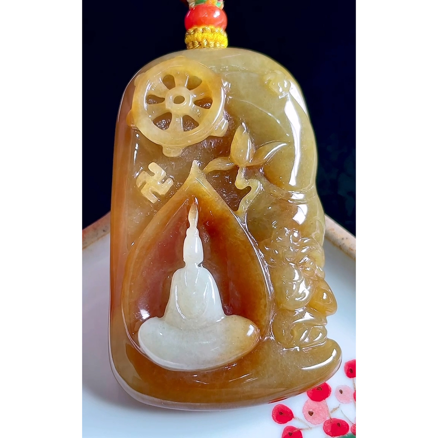 缅甸天然A货玉石翡翠 老坑冰种手工精雕黄翡悟道吊坠