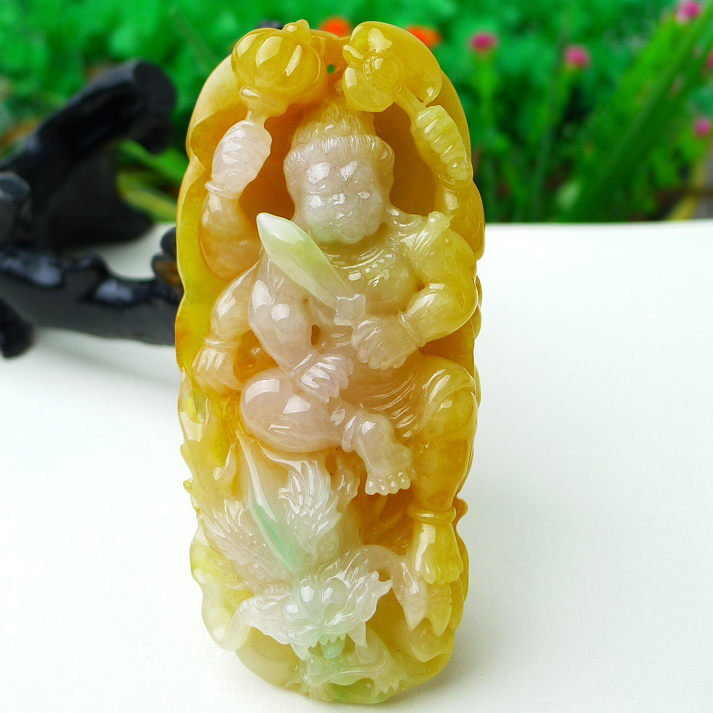 缅甸天然A货玉石翡翠 老坑冰种手工精雕黄翡不动明王吊坠