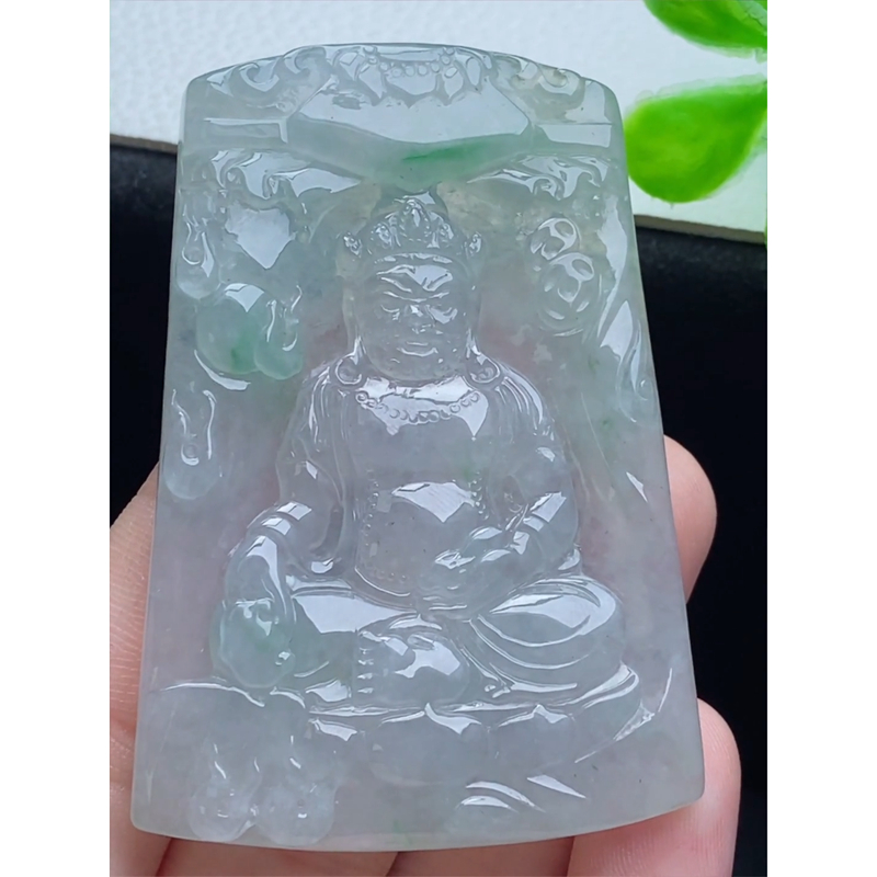 缅甸天然A货玉石翡翠 老坑冰种 手工精雕 飘绿黄财神牌吊坠