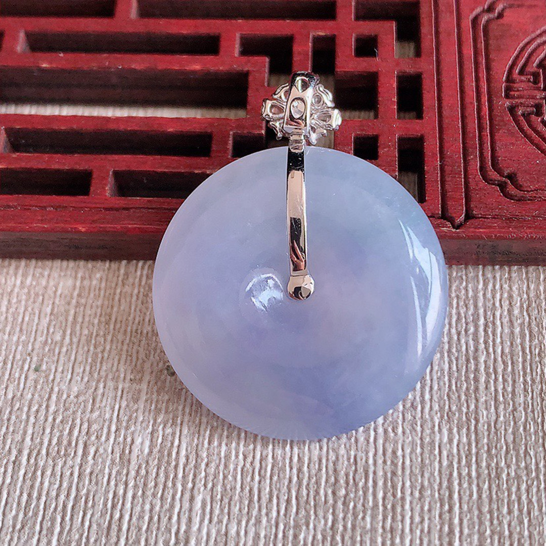 缅甸天然A货玉石翡翠老坑冰种手工精雕18K金伴钻紫罗兰平安扣吊坠