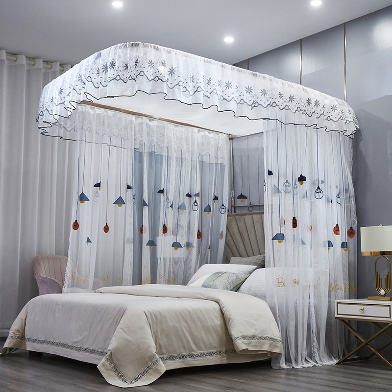 新款绣花导轨落地家用蚊帐宫廷风u型轨道加密纱1.8米床高度伸缩架