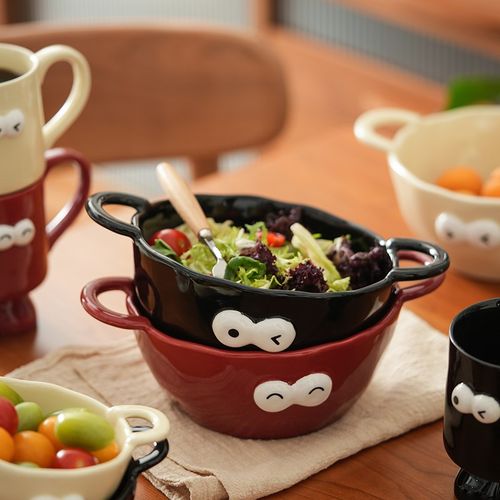 肆月双耳面碗陶瓷水果碗大眼仔儿童釉下彩卡通可爱沙拉碗个人餐具
