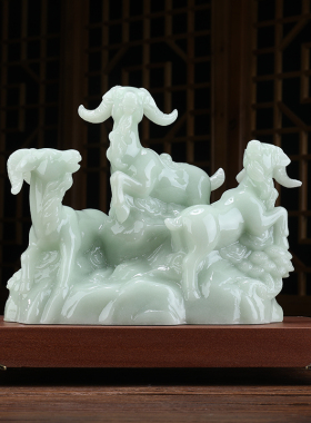 玉石三羊开泰生肖羊摆件三阳开泰招财高档家居客厅酒柜装饰工艺品