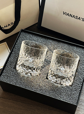 K9水晶玻璃威士忌洋酒杯高级感手工雕刻高档杯子送礼礼盒装一对