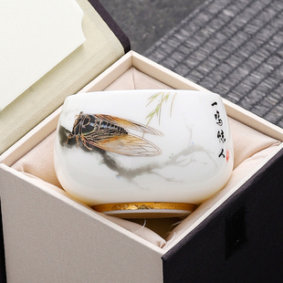 羊脂玉陶瓷功夫茶具茶碗描金茶杯品茗杯家用单杯泡茶高档主人杯
