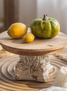 实木圆形底座复古田园雕刻工艺品摆件原木托架茶盘果盘香薰托盘