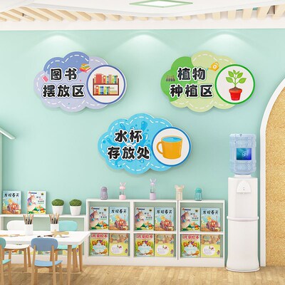 幼儿园饮喝水区环创标识牌托管班教室植物图书角布置文化墙贴装饰