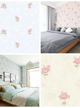 3D立体无d纺布田园小碎花墙纸 浅绿色田园中花壁纸 浅紫色粉红色