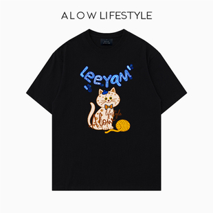 【正品】ALOW LIFESTYLE生活系列 女装手绘小猫 宽松纯棉短袖t恤