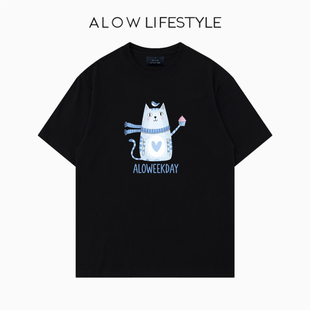【正品】ALOW LIFESTYLE生活系列 女装手绘蓝猫 宽松纯棉短袖t恤