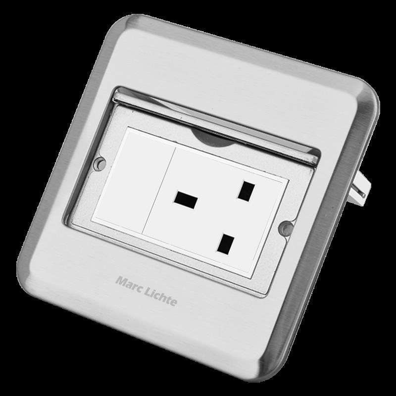 120型不锈钢银色单开门隐藏式13A英式地插方脚三孔带网络地面插座