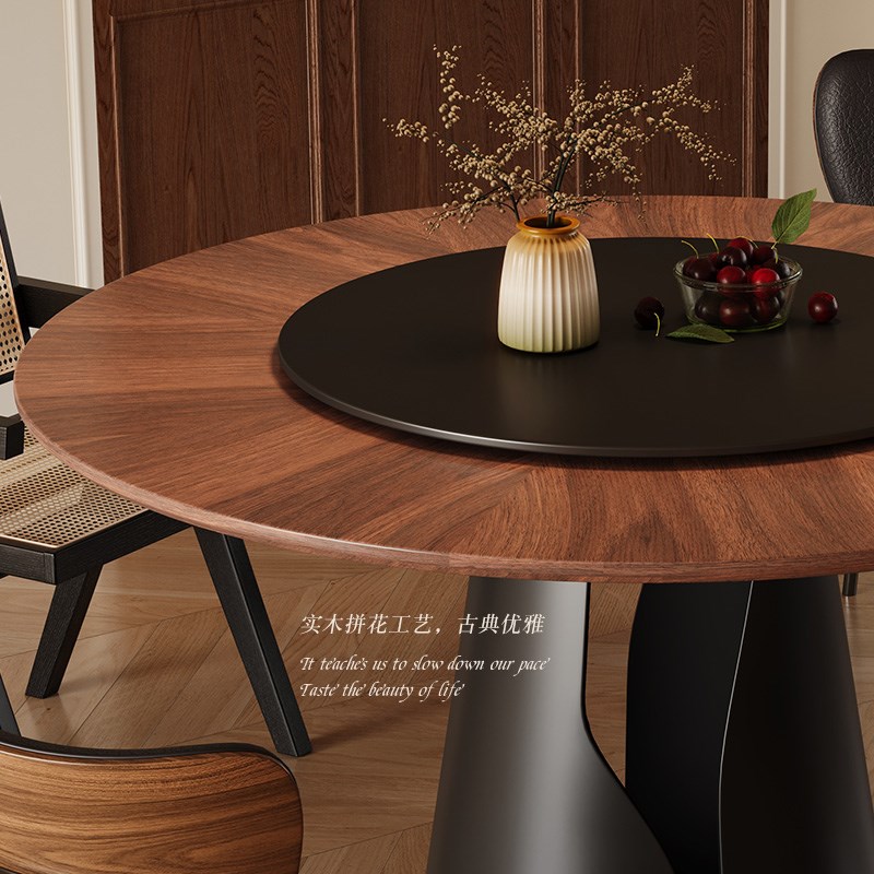 胡桃木纹实木圆形餐桌椅组合家用中古风小户型法式复古圆桌带转盘
