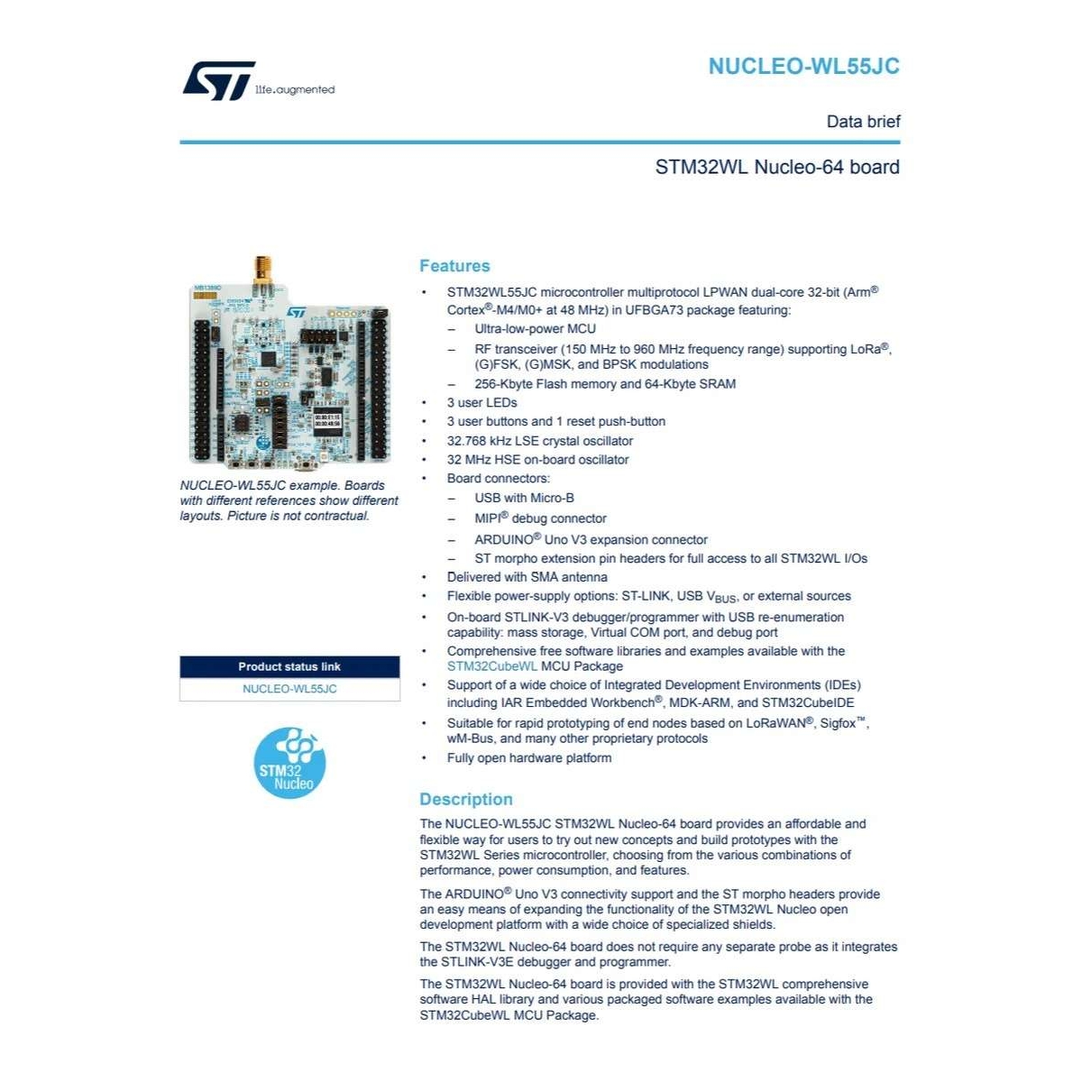 NUCLEO-WL55JC2 STM32WL55 Nucleo-64板 1多协议LPWAN双核单片机
