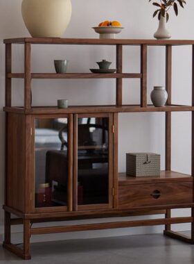 禅意新中式实木博古架书架黑胡桃木双门展示柜多宝格置物架