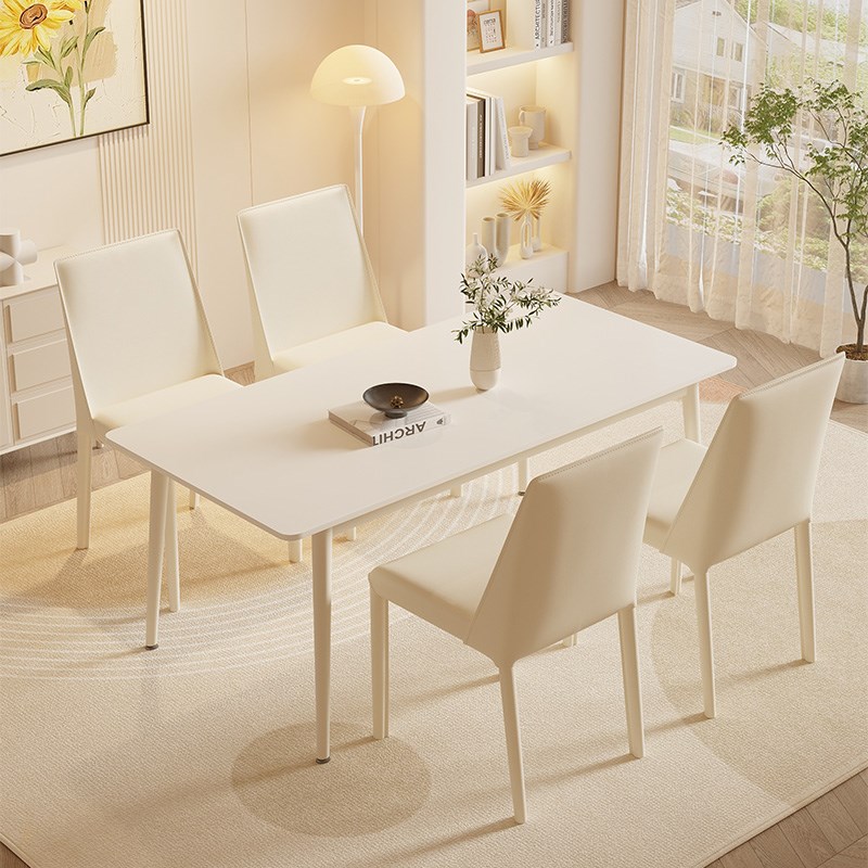 奶油风岩板餐桌家用小户型客厅饭C桌轻奢现代简约长方形餐桌椅组