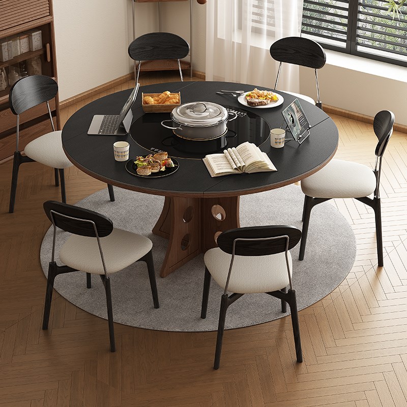 中古复古风c岩板餐桌椅组合家用饭桌带转盘电磁炉一体轻奢高级圆