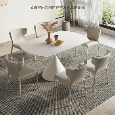 法式奶油风岩板伸缩折叠餐桌家用小户型现代简约方圆两用可变圆桌