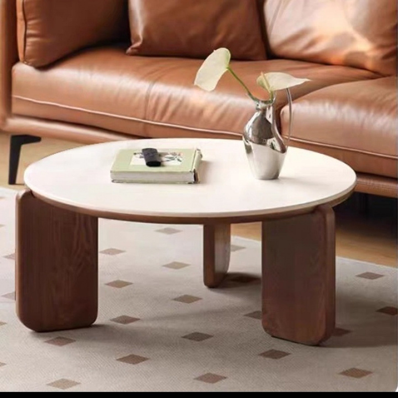 圆形轻奢实木岩板黑色茶几简约现代小户型家用北欧客厅沙发组合