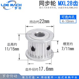 同步轮 槽宽7 两面平 内孔5 同步皮带轮 10mm可选 MXL28齿