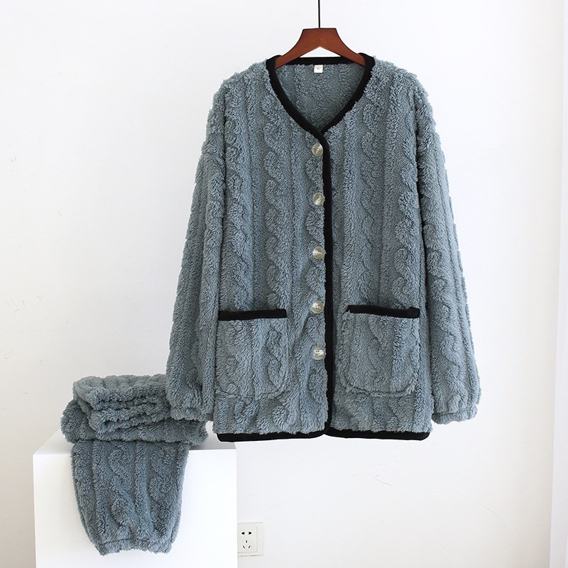 工厂直销珊瑚绒秋冬季加厚女开衫A睡衣保暖法兰绒可外穿家居服套