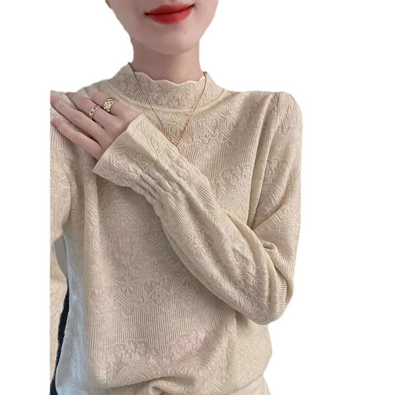 秋冬提花针织打底衫女长袖内搭毛衣大码胖mm半高领显Z瘦羊毛上衣