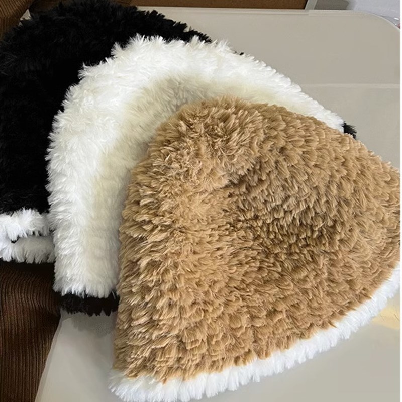 日系大头围毛绒保暖显脸小渔夫帽韩版加厚撞色insU风秋冬女水桶帽