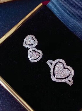 豪华轻奢气质群镶克拉效果大爱心仿莫H桑钻戒指 满钻心形耳钉女