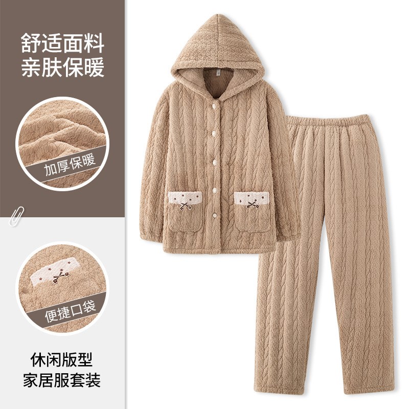 睡衣女2024年j冬季新款三层夹棉加厚保暖家居服珊瑚绒大码可外穿