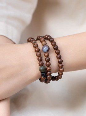 天然金丝檀木质小清新佛珠手串文艺E情侣男女复古手珠玛瑙多圈手