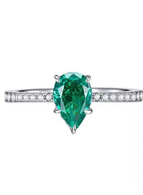 珠宝 2023新款925银水滴6*9绿I钻梨形戒指欧美ins风时尚百搭