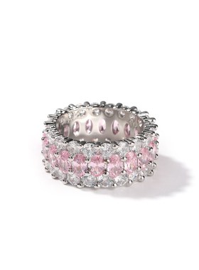 古萌嘻哈跨境粉色椭圆戒指铜镶锆石情侣款欧美R简约个性戒指