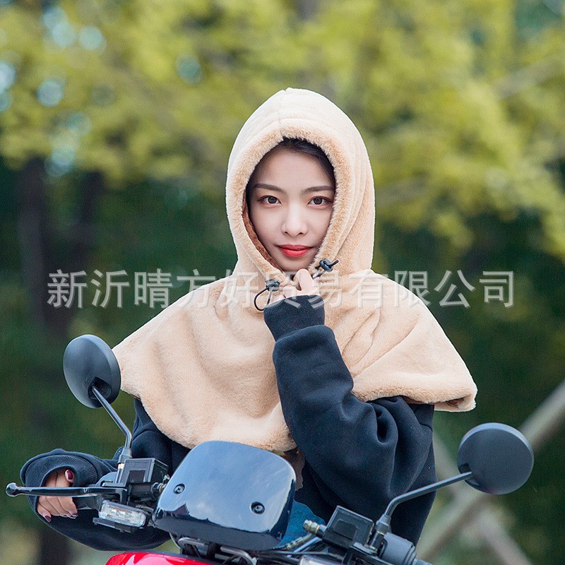 冬电动车挡风帽女加绒加厚披w肩一体仿水貂绒遮脸帽儿童保暖帽亲