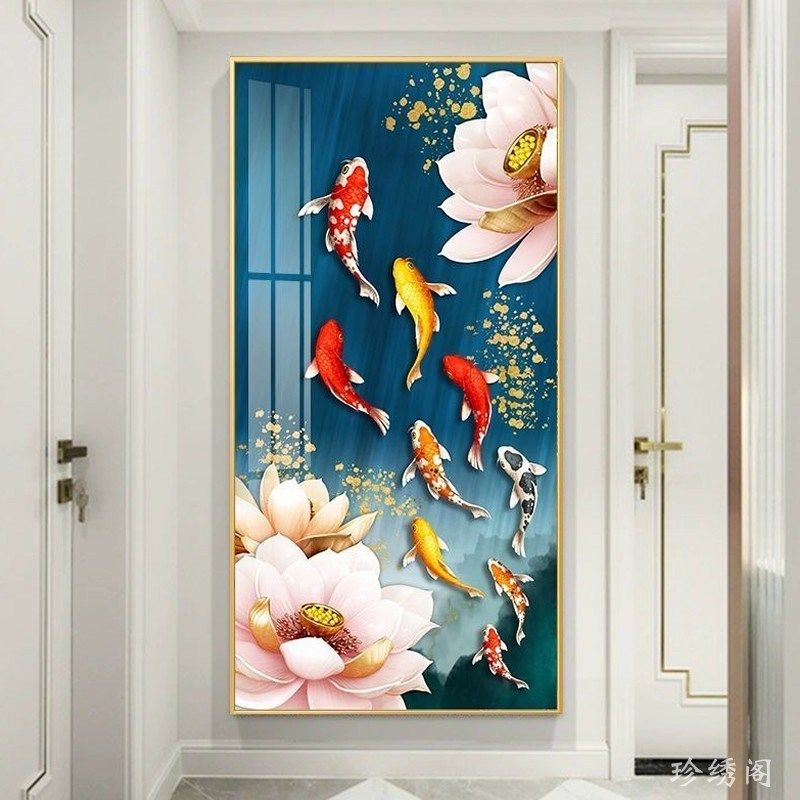 5d客厅荷花九鱼图钻石绣年年有余玄关满贴粘点钻十字绣砖石画过道