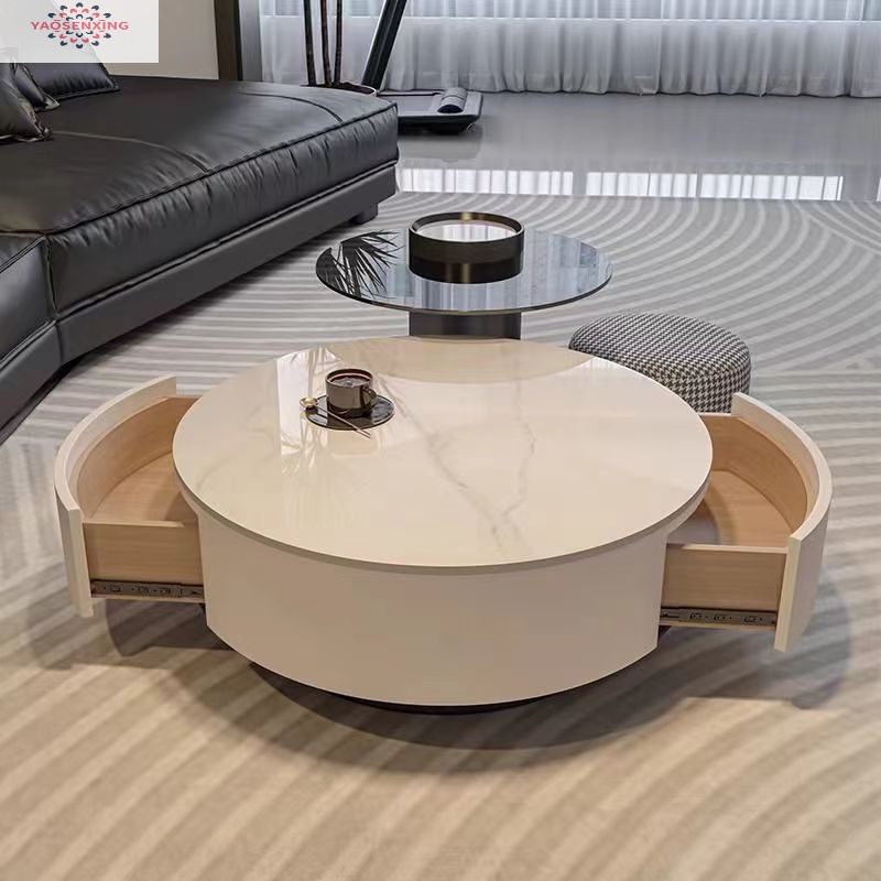 奶油风岩板圆形茶几客厅家用小户型玻璃轻奢现代简约茶桌边几组合
